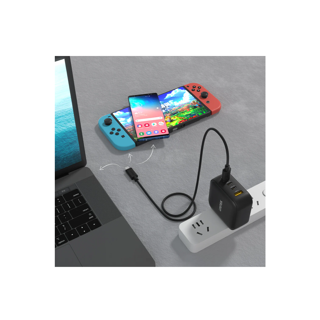 Unitek TRAVEL QUAD GaN 4 Ports 100W Charger with USB PD and QC 3.0 in Black (Travel Charger) in Qatar Unitek TRAVEL QUAD GaN 4 Ports 100W Charger with USB PD and QC 3.0 in Black (Travel Charger) in Qatar